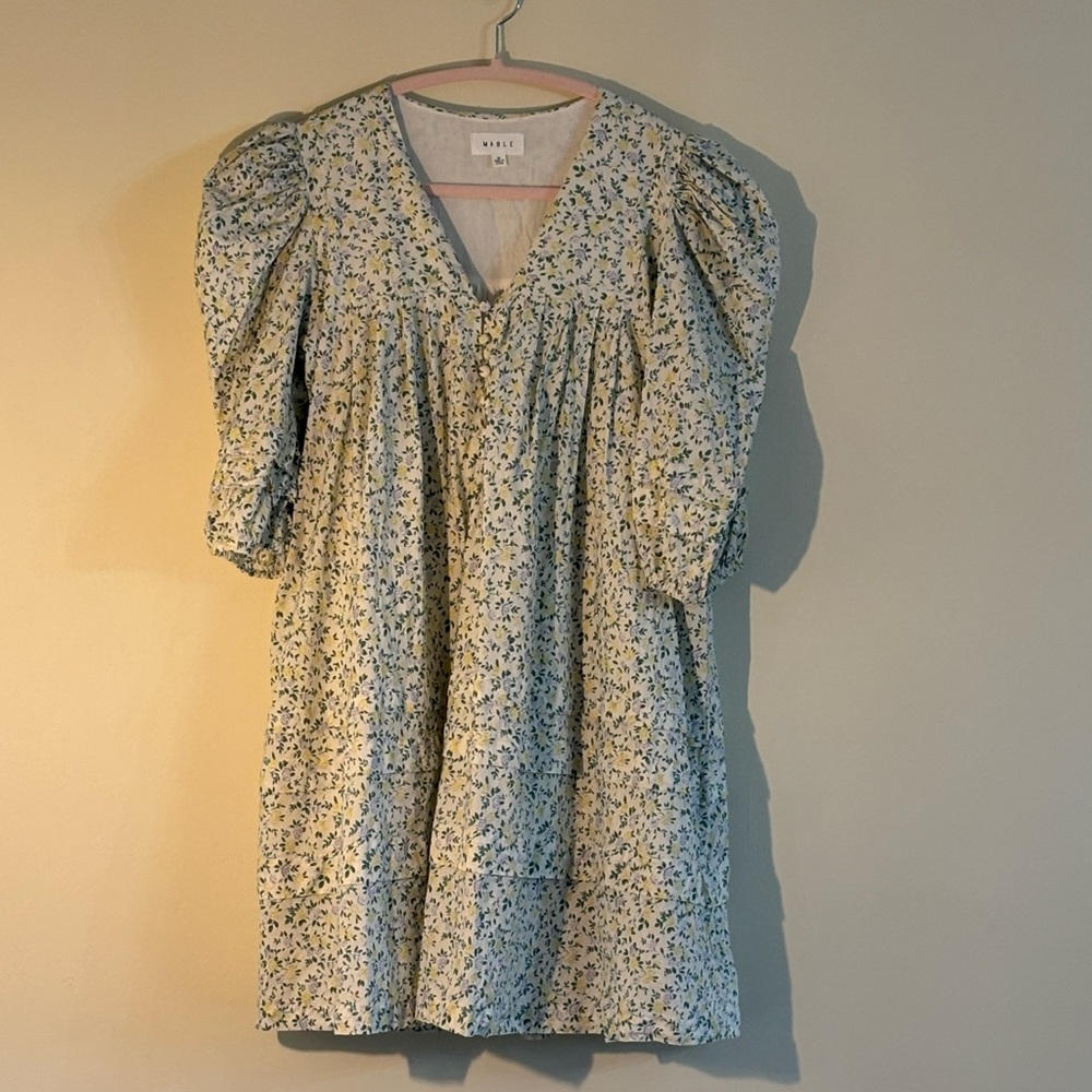 Mable Floral Puff Sleeve Mini Dress 100% Cotton Size M